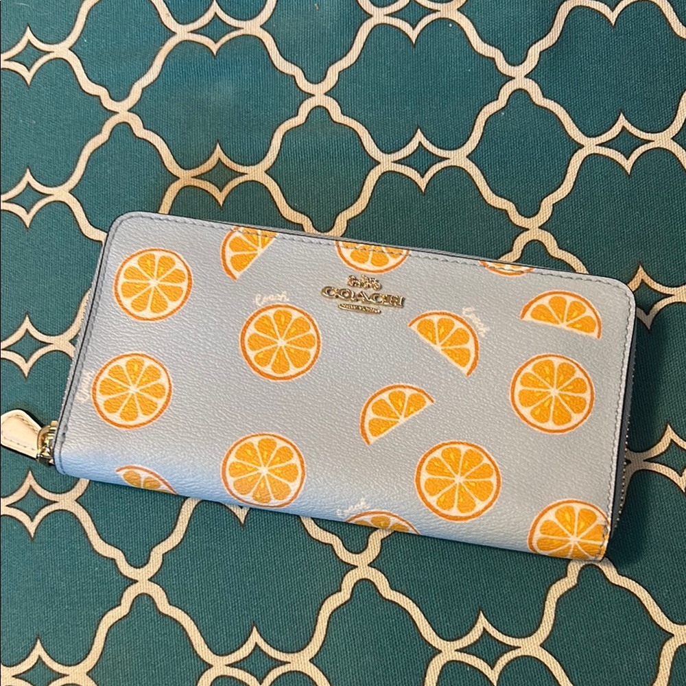 Coach Light Blue Wallet with Orange Citrus Design